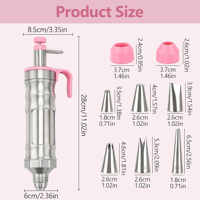 Dessert Decorating Syringe Set, Stainless Steel Frosting Piping Kit with 2 Tip Couplers & 6 Decorating Piping Tips Icing Piping Kit Cupcake Decorating Kit Cake Decorating Tools (Pink)