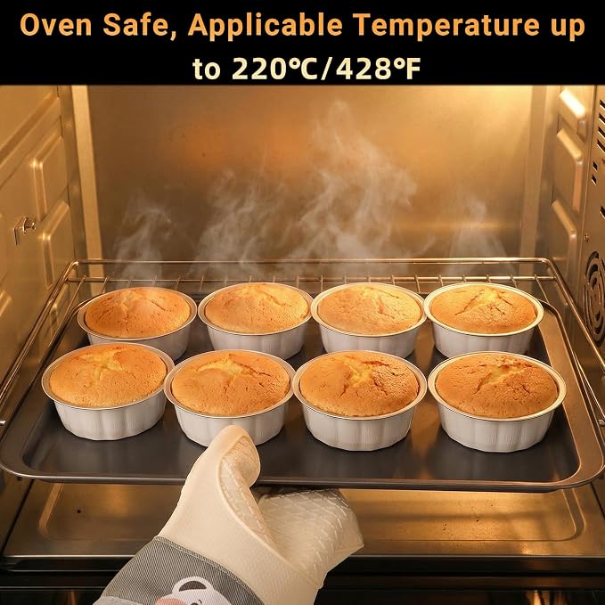 Beasea Aluminum Cups for Baking, 8oz 100 Pack Disposable Ramekins with Lids, Aluminum Foil Baking Cups Creme Brulee Muffin Cupcake Mini Pudding Ramekin Tin for Party Wedding - White