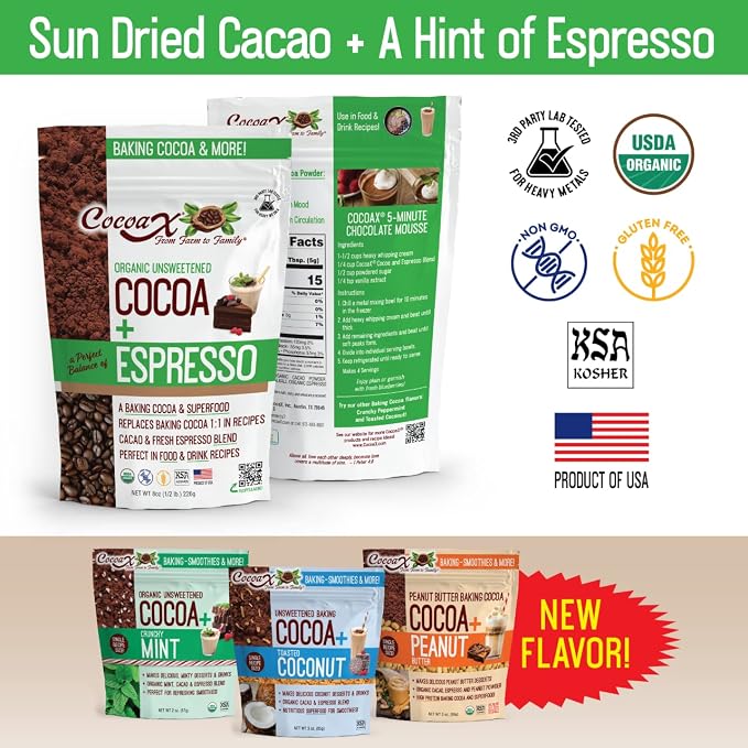 CocoaX Organic Cocoa Powder with Espresso Powder - 8oz Gluten Free, & Non-GMO Unsweetened Cocoa Powder for Baking - Dutch Processed Cocoa Powder to Use 1 To 1 in Cocoa Recipes - Made in America