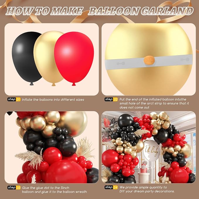 412Pcs Red Black Gold Balloons Arch kit,18 12 10 5 Inch Different Size Latex Balloons for Anniversary Casino Night Hollywood New Years Movie Night Birthday Decorations