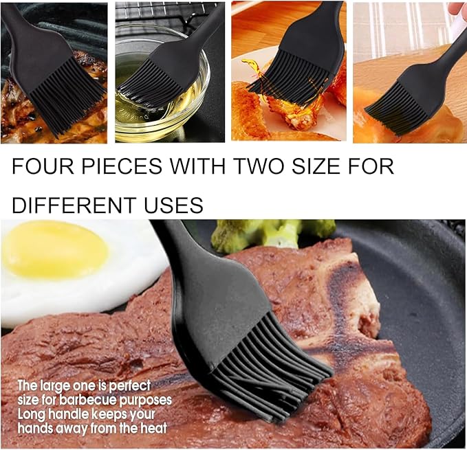 Silicone Basting Pastry Brush - Cooking Brush for Oil Sauce Butter Marinades, Food Brushes for BBQ Grill Kitchen Baking, Baster Brushes Baste Pastries Cakes Meat Desserts, (4, Black)