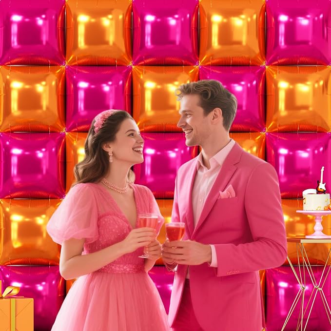 NISOCY 25PCS Rose Red and Orange Square Foil Balloons Wall Backdrop Double Sided Rose Red Orange Balloons Arch Kit for Birthday Baby Shower Valentine's Day Wedding Tropical Party Decorations