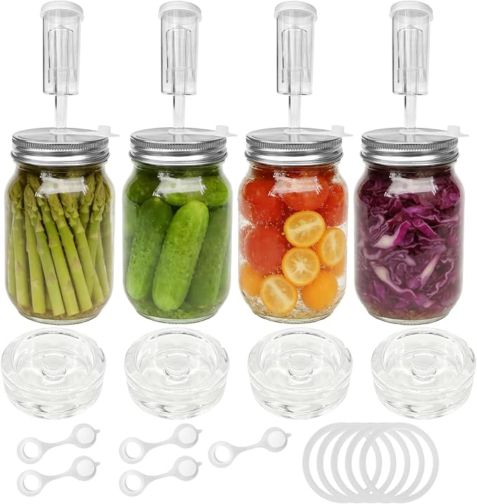 Fermenting weights wide mouth Mason Jar Fermentation Kit with 4 Fermentation Lids, 4 Glass fermentation Weights, 4 Airlocks for Fermenting, 5 Silicone Rings & Grommets - Pickling kit（No Jars）