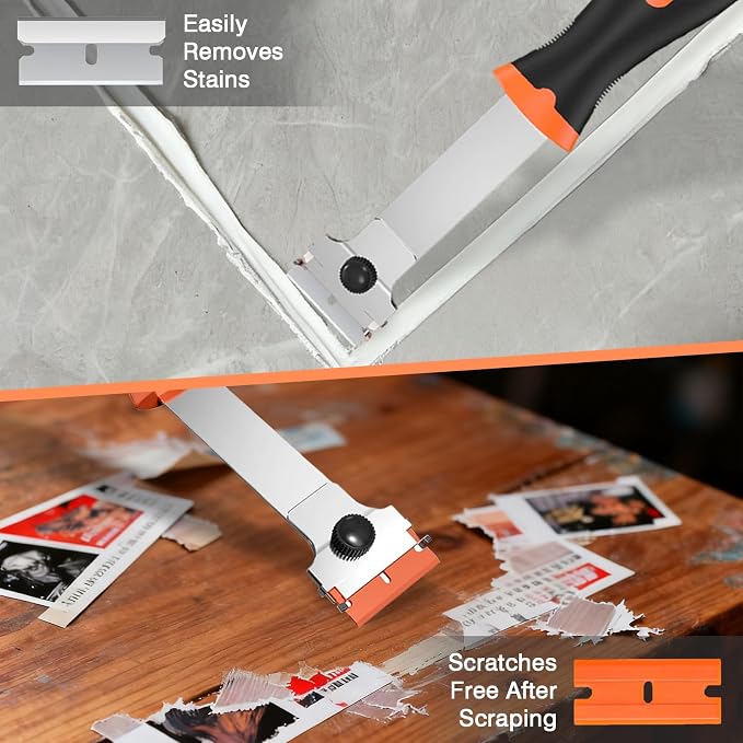 2 Pack Razor Blade Scraper Tool with 20 Metal & 20 Plastic Razor Blades, Multi-Purpose Long Handle Heavy Duty Scraper Tool for Cleaning Cooktop, Oven, Floor, Paint, Tile, and Window Glass