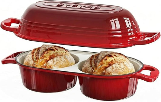 Dutch Oven For Sourdough Bread Baking – Enameled Cast Iron Dutch Oven Pot with Lid, Double Bread Loaf Pan – 500°F Oven Safe Non Stick Bread Pot for Homemade Bread, Meatloaf, Cake–Round Loaf Space, Even Heating– Red