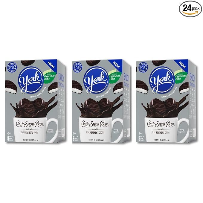 Candy Shop Cocoa YORK Peppermint Iced Cocoa Mix, 1.25 oz, 24 Pack | YORK Peppermint cocoa mix with rich chocolate and cool peppermint flavor; just add water for smooth, hot or iced drinks