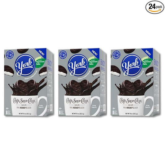 Candy Shop Cocoa YORK Peppermint Iced Cocoa Mix, 1.25 oz, 24 Pack | YORK Peppermint cocoa mix with rich chocolate and cool peppermint flavor; just add water for smooth, hot or iced drinks