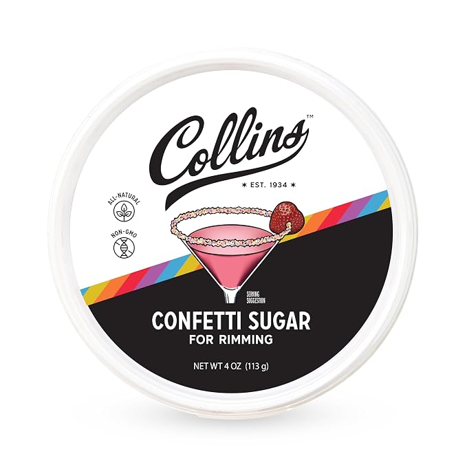 Collins Confetti Sugar, All-Natural Cocktail Rimming Sugar Made with Plant-Based Colors, Non-GMO Drink Garnish for Cocktails and Mocktails, Add Festive Flair to Your Drink Presentation, 4 oz
