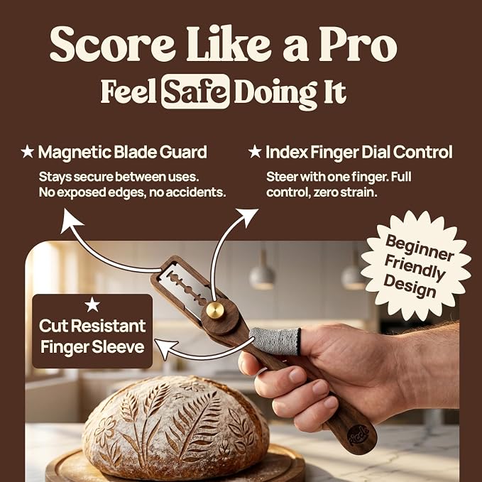 RICCLE Goose Bread Lame for Sourdough Bread, Walnut Wood Bread Scoring Tool with 15 Replacement Blades, Magnetic Safety Guard and Finger Sleeves for Artisan Baking