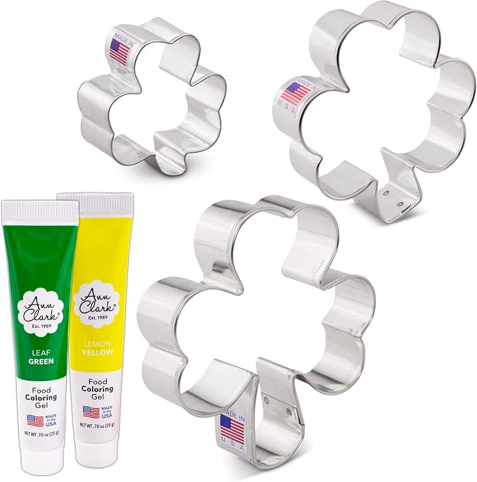 Shamrock Cookie Cutters and Decorating 5-Pc. Set Made in USA by Ann Clark, 2.5", 3.25", 3.75", Yellow & Leaf Green Food Coloring Gel