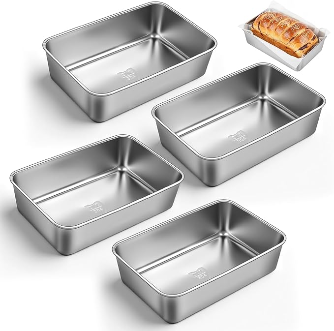 8.8 × 5.9 Inch 304 Stainless Steel Loaf Pans for Baking Bread, Set of 4 Heavy Duty Metal Bread Pan, Oven & Dishwasher Safe Bakeware for Meatloaf, Cake & Brownies, Even Heat Baking Performance