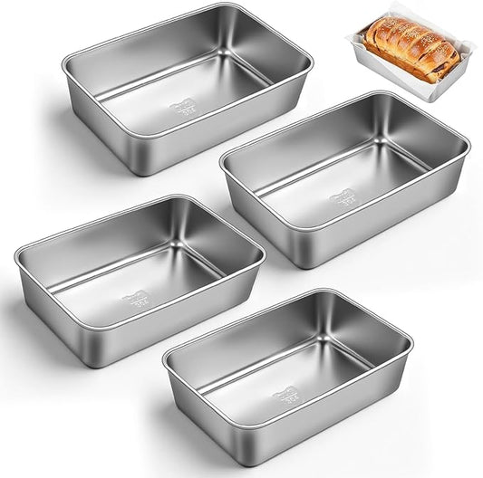 8.8 × 5.9 Inch 304 Stainless Steel Loaf Pans for Baking Bread, Set of 4 Heavy Duty Metal Bread Pan, Oven & Dishwasher Safe Bakeware for Meatloaf, Cake & Brownies, Even Heat Baking Performance