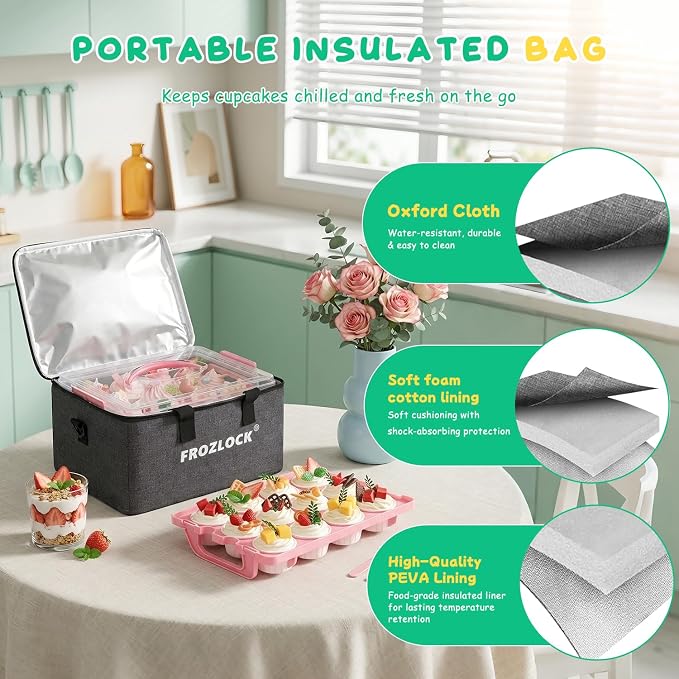 Cupcake Carrier 24 Count, Cupcake Holder With Lid And Handles, 2-Layer Cupcakes Storage Containers, Travel Cupcake Transport Container With Portable Insulated Bag And 200pcs Cupcake Liners (Pink)