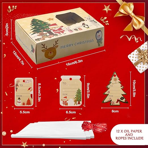 12 Packs Christmas Cookie Boxes with Window,Bakery Treat Boxes Gift Baking Box Christmas Kraft Gift Boxes with Ribbons and DIY Gift Tags for Gift Giving, Pastry, Candy, Party Favors (Small)