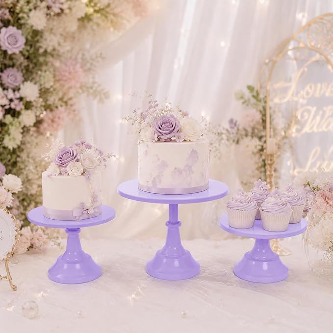 3 Pcs Cake Stand Set Metal Round Cake Holder Cupcake Stands 8/10/12 inch Purple Dessert Display Stands Dessert Table Decorations for Birthday Parties, Baby Shower,Wedding Banquets and Anniversary