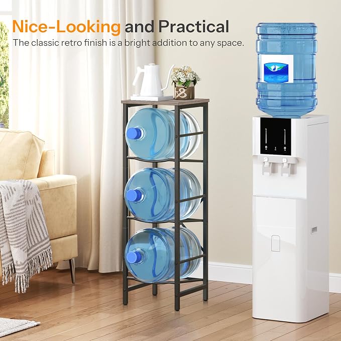 HOOBRO Water Jug Rack, Water Bottle Holder, 5 Gallon Water Jug Rack, 3-Tier Water Cooler Storage Rack, Water Dispenser Stand, for Kitchen, Living Room, Office, Greige and Black BG01ST01