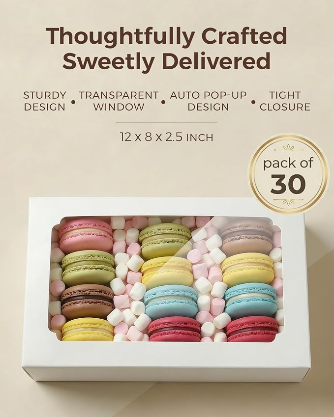 30pcs Cookie Boxes with Window 12x8x2.5 inch, Large Bakery Boxes, Auto-Popup Treat Box for Desserts, Chocolate Covered Strawberries, Breakable Heart, Pastries, Cajas Para Postres with 80 Stickers