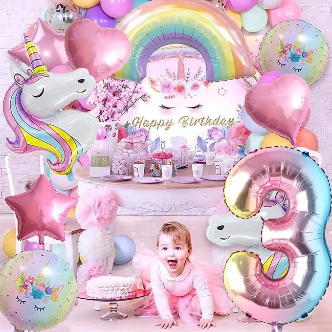 Unicorn Balloons Unicorn Birthday Party Decorations for Girls Foil Balloons Set Macaron and Rainbow Balloon Wedding Baby Shower Party Supplie (number 3)