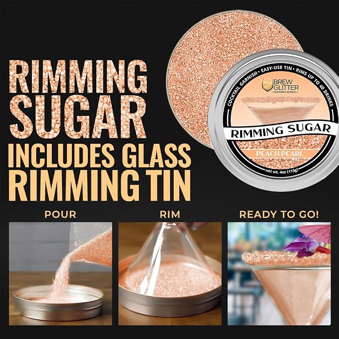 Brew Glitter - Peach Rimming Sugar (4oz, 1x Bar Tin) Cocktail Garnish for Mixed Drinks & Refreshments