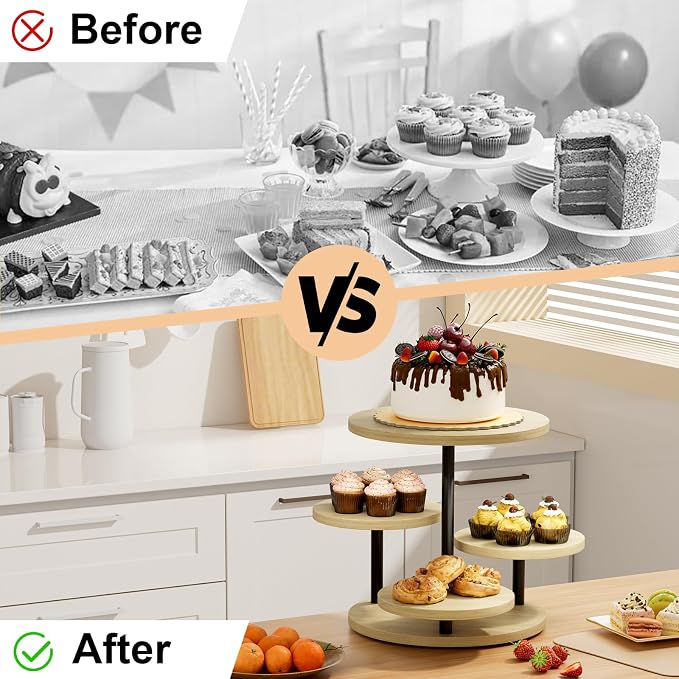 Cake Stand for 50 Cupcakes 360°Rotating Wooden Cupcake Display Stand Round Cookie Stands 4 Tiered Tray Stand for Parties Birthday Wedding Baby Shower Afternoon Tea Dessert Table, Oak