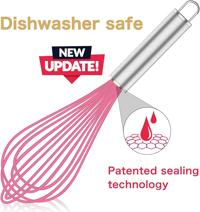 OYV Pink Silicone Whisk, Professional Whisks For Cooking Non-Scratch, Stainless Steel & Silicone Wisk, Plastic Rubber Whisk Tool For Nonstick Cookware Pans, Silicon Wisks Set of 3