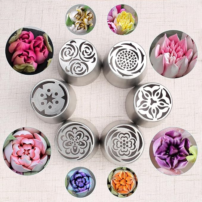 8 Pieces Stainless Steel Extra Large Russian Tulip Icing Tips Kit, 6 Russian Cupcake Dessert Marshmallow Piping Nozzle,1 Cleaning Brush,1 Medium Leaf Icing Tip for Cake Decorations,Pastry Baking Tools