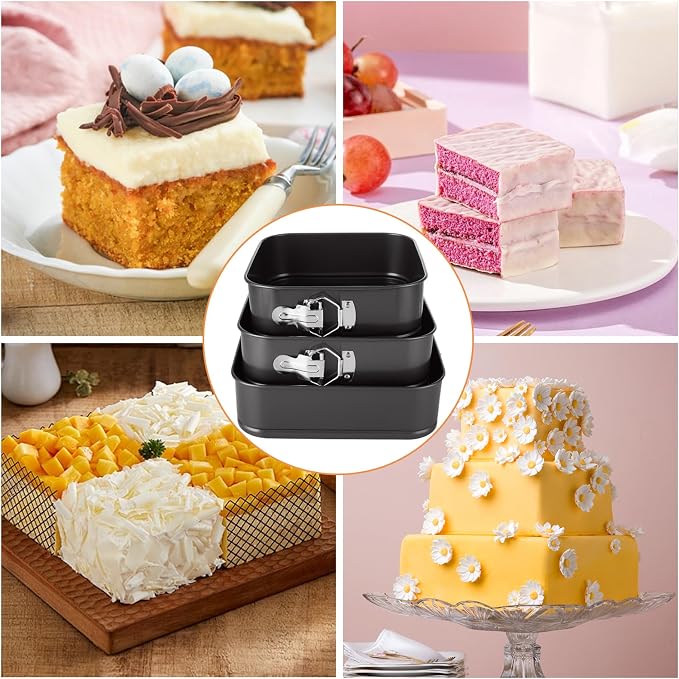 3 Pack Square Springform Pan Set, 8/9/10 Inch Nonstick Cheesecake Pans with Removable Bottom, Carbon Steel Square Cake Pans for Baking Cheesecake, Pizza, Quiche, Desserts