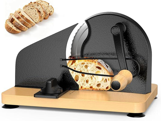 Manual Bread Slicer for Homemade Sourdough, Adjustable Thickness,Hand Crank Bread Cutter with Stainless Steel Blade Slicing Guide, Scale Line Suction Cups & Solid Wood Base