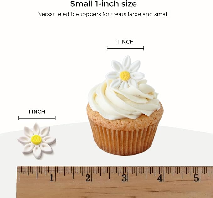 18 Count Edible Daisy Cake Decorations, Small Edible Flowers, White & Yellow Sugar Flowers, Daisy Cupcake Toppers for Cakes & Cupcakes, Edible Cake Decorations, Global Sugar Art (1 Inch)