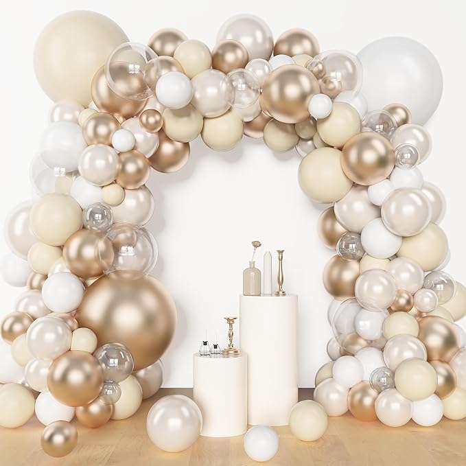 Amandir 153 Pcs White Sand Metallic Champagne Gold Balloons Arch Garland Kit, Different Sizes 18 12 10 5 Inch Pearl White Sand Clear Beige Neutral Balloons Birthday Bridal Shower Wedding Decorations
