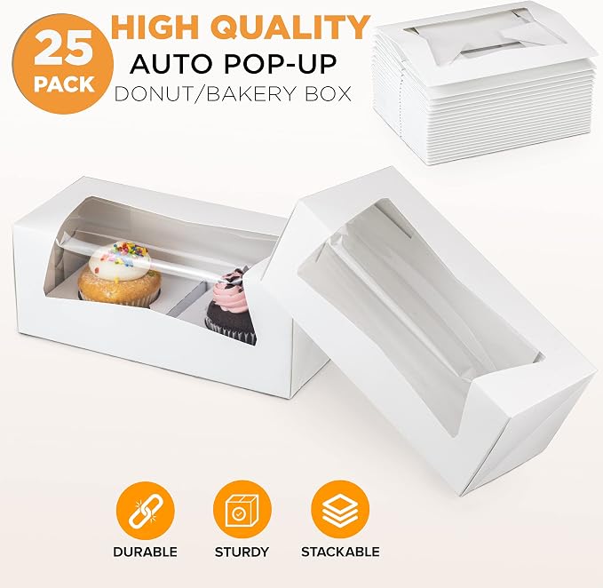 Fit Meal Prep 25 Pack 9 x 4 x 3.5 Inches White Bakery Boxes with Window, Auto-Popup Cardboard Gift Packaging and Baking Containers, Cupcake, Cookie and Loaf Bread Boxes