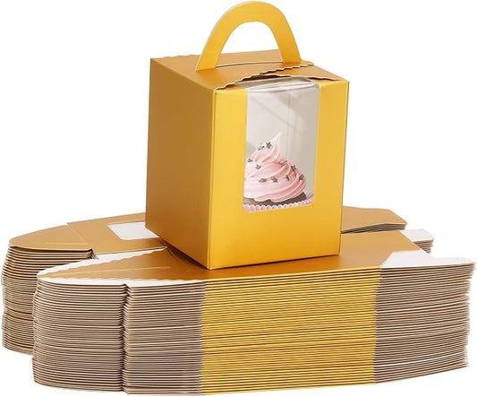 acDesign 100 Pcs Cupcake Holders Individual 3.6in*3.6in*4.3in Cupcake Boxes With Window Handle and Inserts for Bakery Wrapping Party Favor Packing(Gold)