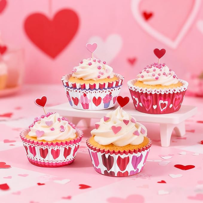 Standard Cupcake Liners 100 Pack, Colorful Paper Baking Cups Hearts Food Grade Disposable Cupcake Wrappers Muffin Liners for Valentine's Day Tea Themed Party Baking Decor