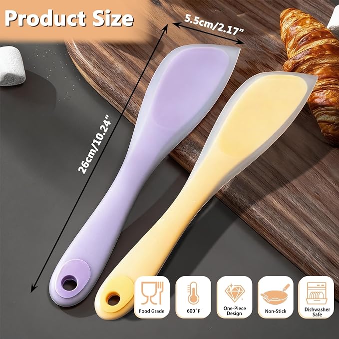 Silicone Jar Spatulas, 10 Inch Narrow Spatula Set for Scraping Peanut Butter, Sourdough, Jam in Small Containers, Blenders and Baking (1 Yellow, 1 Purple)