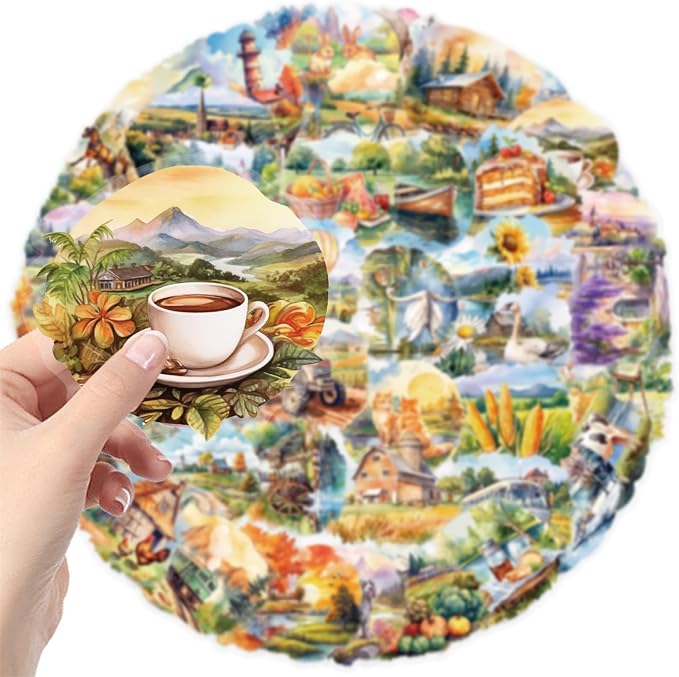 50 Pcs Pastoral Countryside Scrapbook Stickers, Colourful-B4 | Waterproof, Transparent, Vintage Farmhouse Decals, Rustic Nature & Farm Animals & Scenic Landscapes