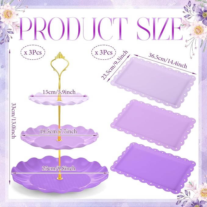 FoldTier 6 Pack Cupcake Stand Set 3 Pcs 3 Tier Gradient Dessert Table Display Stands Cookie Tray Rack 3 X14 in Rectangle Party Trays for Wedding Birthday Tea Party Baby Shower(Purple,Round)