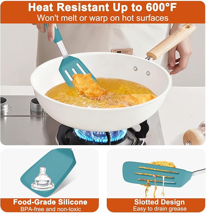 2 Pack Silicone Kitchen Spatula Set, 600°F Heat Resistant (Blue) | BPA Free, Solid & Slotted Turner, Non-Toxic Cooking Utensils, Safe for Non Stick Frying Pan, Dishwasher Safe