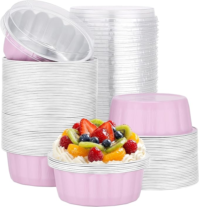 Beasea Aluminum Cups for Baking, 8oz 100 Pack Disposable Ramekins with Lids, Aluminum Foil Baking Cups Creme Brulee Muffin Cupcake Mini Pudding Ramekin Tin for Party Wedding - Pastel Pink