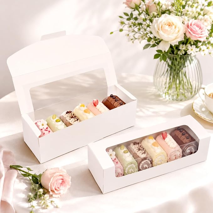 FORBFAN 50 Pcs Roll Cake Boxes 12x4x3.5 Inches, Rectangle Pumpkin Roll Packaging Boxes, White Bakery Pastry Boxes with Window for Swiss Roll, Loaf, Cinnamon Roll, Banana Bread