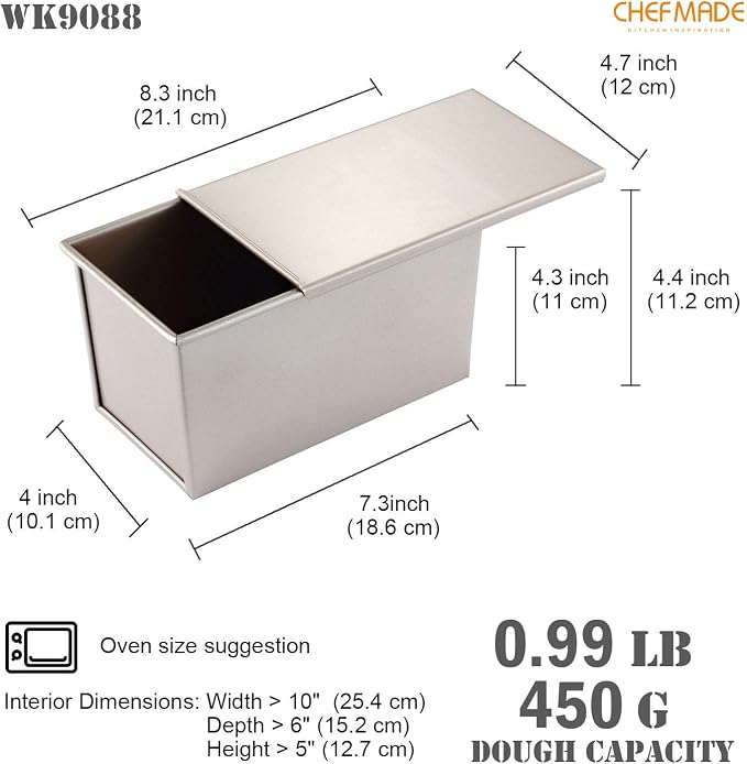 CHEFMADE Pullman Loaf Pan with Lip, 0.99Lb Dough Capacity Non-Stick Rectangle Flat Toast Box for Oven Baking 4.2" x 7.7"x 4.4" (Champagne Gold)