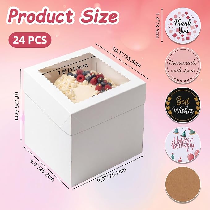 CRUGLA 24 Pack 10x10x10 Cake Boxes, White Bakery Window Boxes, Tall Dessert Carrier for Birthdays, Weddings & Bake Sales