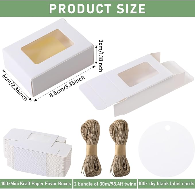 Zhanmai 100 Set White Small Soap Boxes for Homemade Soap, 3.35 x 2.36 x 1.2 Inch Paper Packaging Boxes with Window, with 100 Tag and Twine, Gift Wrapping Supplies for Bakery Candy Cookies Party Favors
