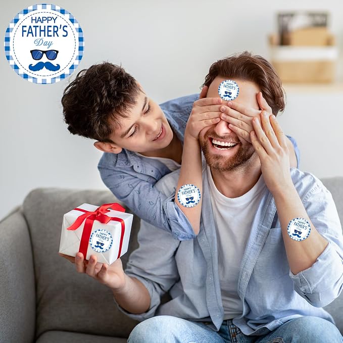 Louise Maelys 500 Pcs Happy Father's Day Stickers 1.5 Inch Round Blue Plaid Stickers with Vintage Mustache Design for Gift Wrapping Envelopes