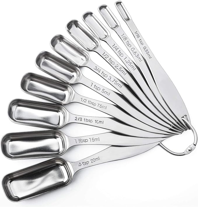 FANGSUN Narrow Measuring Spoons Set of 10, Heavy-Duty Stainless Steel Measuring Spoons with Long Handles & Engraved Measurements, Fits in Spice Jars, for Baking & Cooking