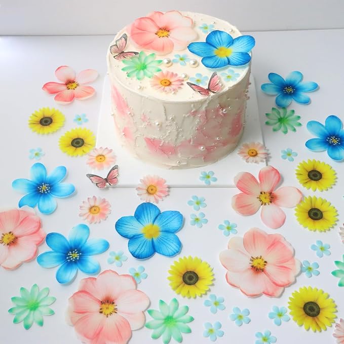 56 Pcs Edible Flowers Cake Topper Cupcake Toppers Decorations Wafer Paper Pink Cherry Blossom Flowers Wedding Themed Party Birthday Cake Decoration