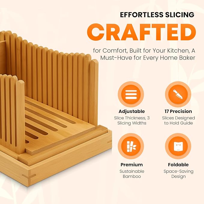 Bread Slicer for Homemade Bread, Foldable Bamboo Bread Cutter with Adjustable Thickness, Crumb Catcher Tray, and Non Slip Base – Sourdough & Loaf Slicer for Bakers