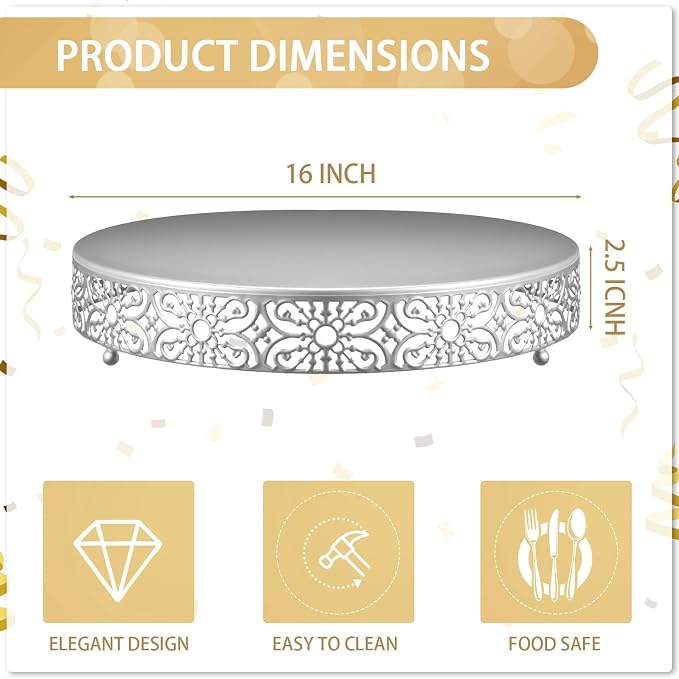Wenqik 16 Inch Cake Stand Round Metal Cupcake Dessert Wedding Cake Stand Cookies Display Holder Fruit Food Serving Tray for Table Wedding Birthday Anniversary Party Decor (Silver)