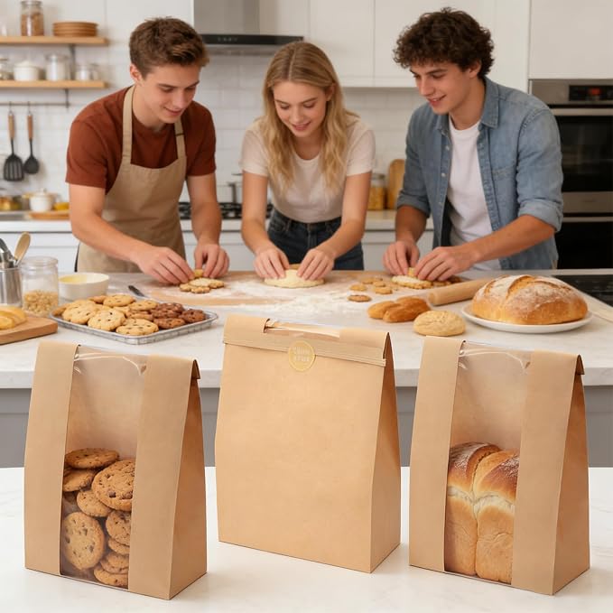 Twdrer 50 Pack Large Kraft Paper Bread Loaf Bag with Clear Front Window,Tin Tie Tab Lock Brown Bakery Coffee Cookie Treat Packaging Bags with 60 PCS Label Seal stickers(14" x 8.3" x 3.5")