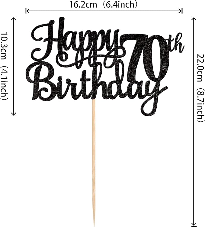 1 PCS Happy 70th Birthday Cake Topper Glitter Cheers to 70 Years Birthday Cake Pick Seventy 70 Fabulous Cake Decoration for Happy 70th Birthday Theme Party Decorations Supplies Black