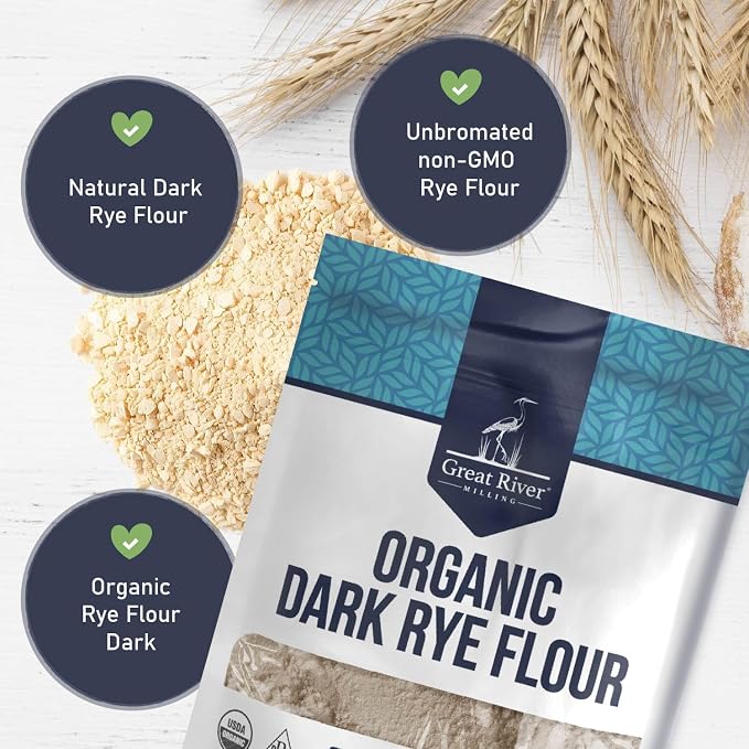 Great River Milling Organic Dark Rye Flour | Whole Grain, Non-GMO, Kosher, Unbromated | Earthy Flavor for Rye Bread, Sourdough Starter, Bagels, Crackers & Artisan Baking | 5 Lb